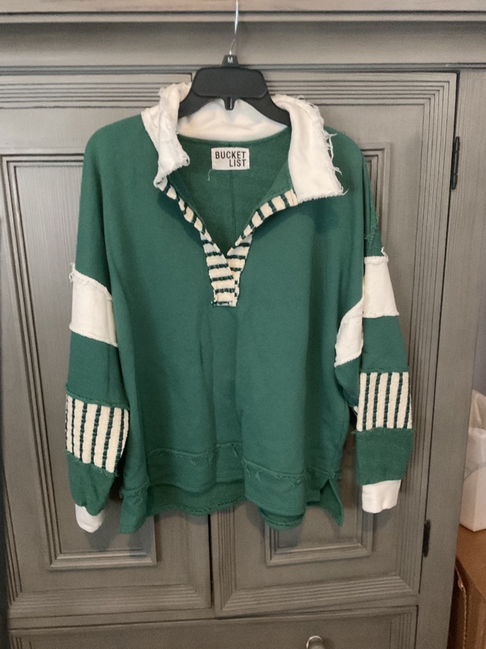Bucket List oversized, distressed, rugby, style pullover